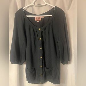Vintage Juicy Couture dark teal cardigan with Crown Juicy buttons & bow at back